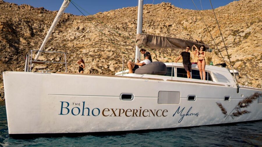 Mykonos: Boho Experience Catamaran Cruise - Delos from the water: the camera-friendly anchor point