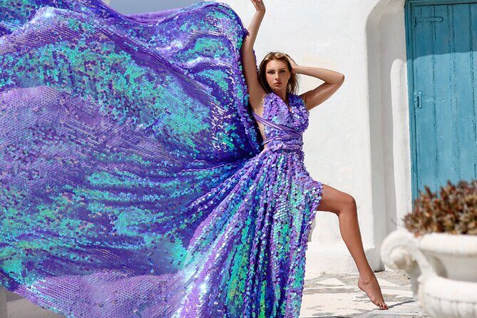 Private Flying Dress Photoshoot in Mikonos - Ancient ruins views that make the dress feel bigger than you