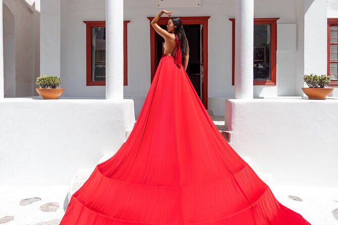 Private Flying Dress Photoshoot in Mikonos - The bougainvillea street: where color and texture do the work